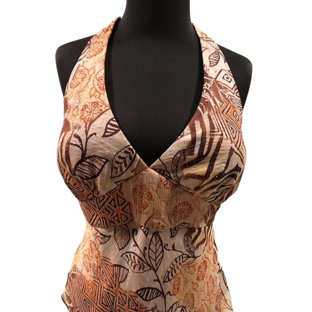 Cache Earthtone Silk Metallic Lined Halter Top Built In Bra Lined Hankey Hem$128